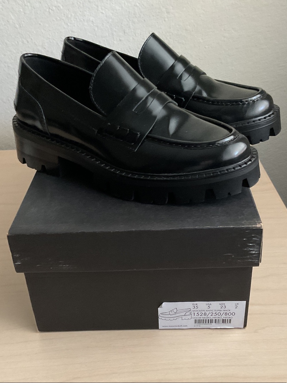 Massimo Dutti Black Leather Lug-Sole Penny Loafers